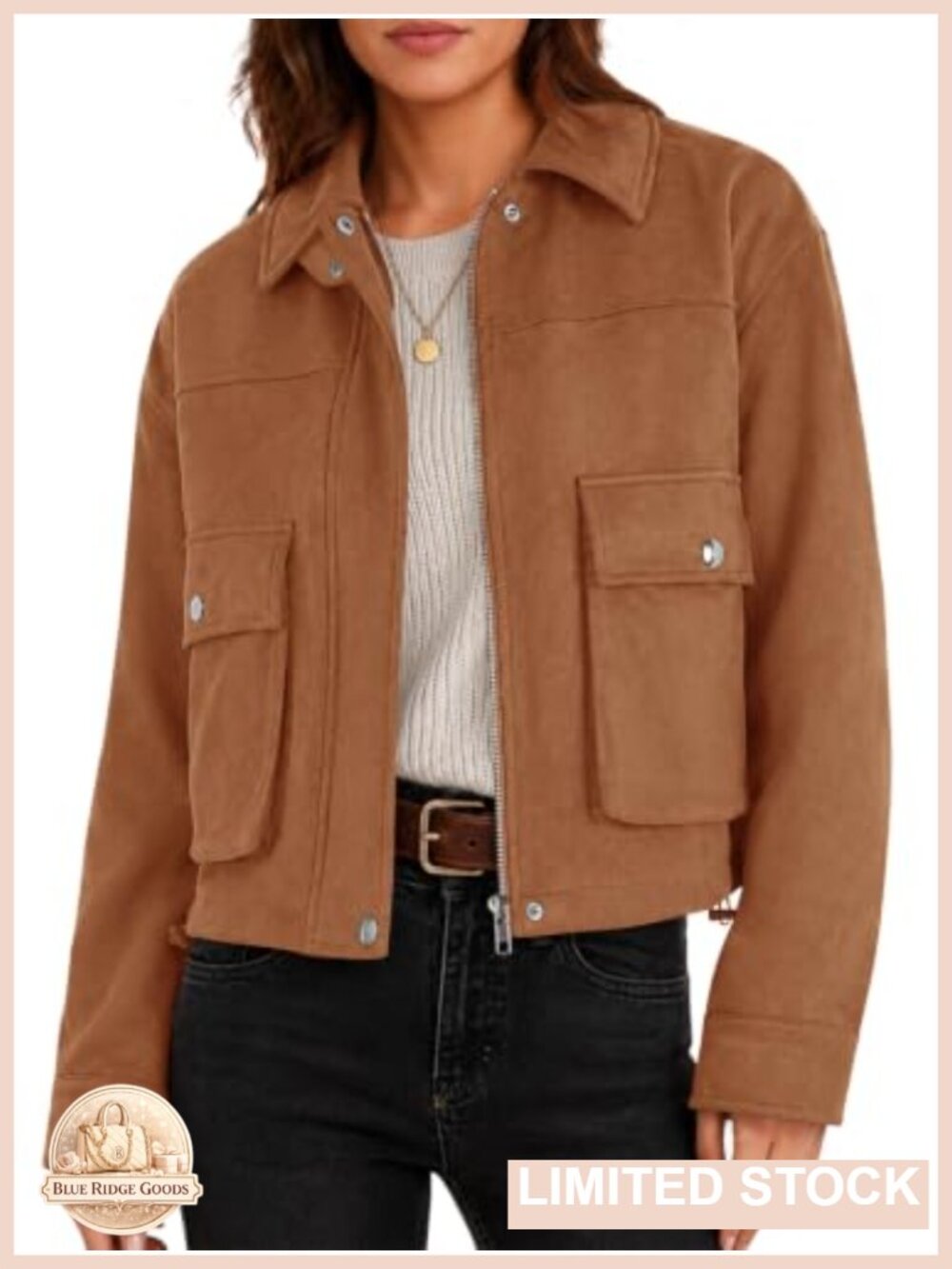 Faux Suede Cropped Bomber Jacket Zip Up Stand Collar Casual Coat